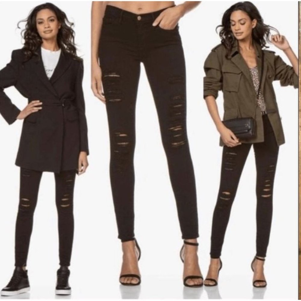 Frame Le Skinny De Jeanne Black Distressed Ripped Jeans, 26